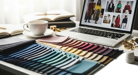 Fashion designers desk with laptop, fabric swatches and cup of coffee