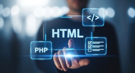 Person touching virtual screen with html, php, and coding language icons