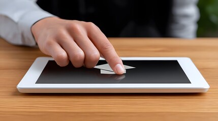Fototapeta premium Close-up view of a person's hand interacting with a digital tablet computer placed on a wooden office desk or workspace.
