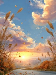 A picturesque autumn vista, with tall grasses swaying gently in a warm sunset breeze, and colorful leaves dancing on the wind, creating a sense of tranquility and natural beauty.