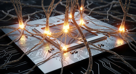 Innovative neural network structure digital workspace technology image futuristic design close-up view ai concept