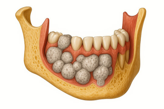 Anatomical illustration of a human mandible with multiple ossifying fibromas in the bone and impacting teeth. This is a medical illustration depicting a pathological condition of the jawbone.
