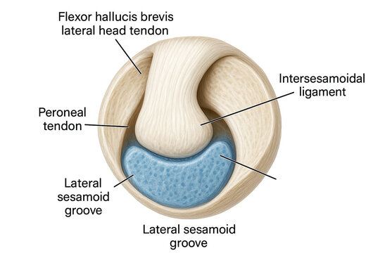 Medical illustration of the lateral sesamoid groove of the foot, showing the flexor hallucis brevis tendon, peroneal tendon, and intersesamoidal ligament.