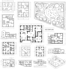 Isolated a kinds of Architectural Drawings, people plan park out door top view, Minimal style hand drawn, set elements for architecture and landscape design. Sections, Elevations, vector art.