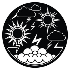 Diverse collection of black and white vector icons representing various weather phenomena and cloud types