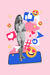 Exclusive image art pop trend collage of happy girl stand phone device screen emoji notification like feedback popular content