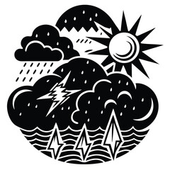 Collection of black and white vector icons representing various weather conditions and cloud types
