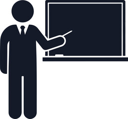 Teacher in suit points to blank blackboard icon symbolizing education and instruction