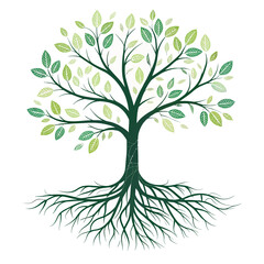 Fototapeta premium Stylized tree icon with expansive root system and lush green foliage isolated on white background