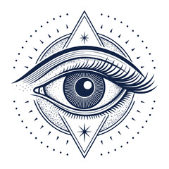 Stylized all-seeing eye icon with geometric star pattern and dotted circular background isolated on white