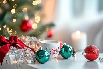 A carefully arranged Christmas scene, with traditional red and green holiday ornaments placed on a clean white desk, creates a warm and inviting atmosphere;
