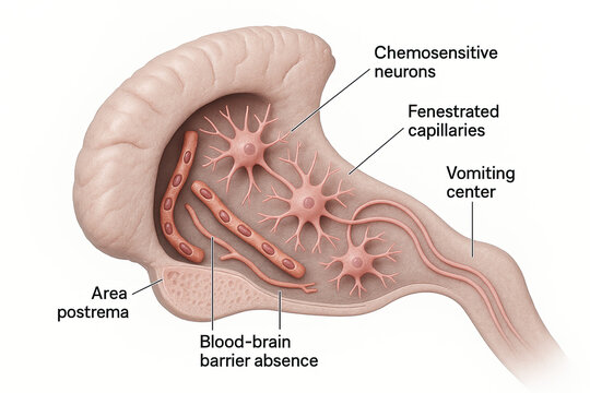 Anatomical illustration of the area postrema, chemosensitive neurons, fenestrated capillaries, vomiting center, and blood-brain barrier absence.