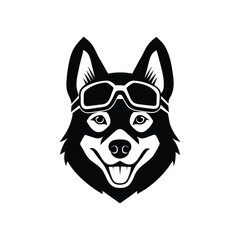 Chusky dog head with snow goggles and ski poles silhouette vector art illustration
