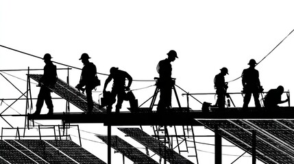 Construction workers silhouettes at sunset