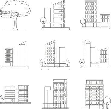 Isolated a kinds of deferent Architectural Drawings, Minimal style cad tree line drawing, Side view, set of section city street building outline for landscape design drawing in seperate  vector art.