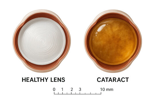 Comparison of a healthy eye lens and a cataractous lens, illustrating the clouding and yellowing caused by the condition.