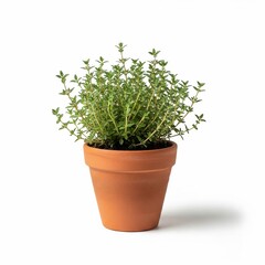 Fototapeta premium Fresh, green, young thyme herb in a clay pot.on a white background