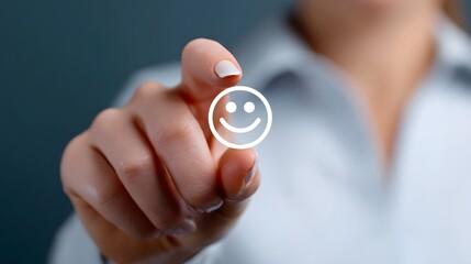 Fototapeta premium A person's hand reaching out to press a positive, smiley face icon on a touchscreen or digital device interface, providing feedback or a rating.