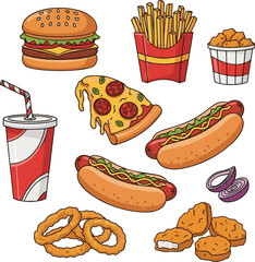 Isolated a kinds of deferent Fast food item vector art with white background.