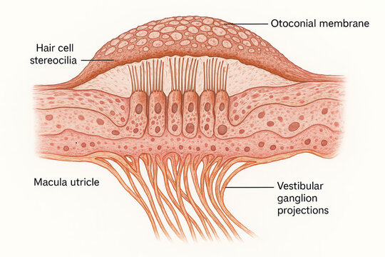 Illustration of the macula utricle, a sensory organ in the inner ear responsible for detecting linear acceleration and gravity.