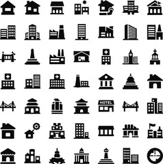 Collection of diverse building icons and silhouettes