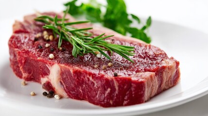 Fototapeta premium Juicy, Perfectly Cooked Steak on a Pristine White Plate Against a Clean White Background, Emphasizing the Importance of High-Quality, Nutritious, and Protein-Rich Healthy Food Choices