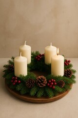 A festive Advent wreath with four candles, berries and pinecones