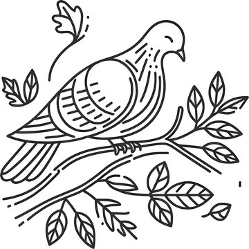 Peaceful Pigeon Line Art on Branch: Minimal Black and White Illustration vector 