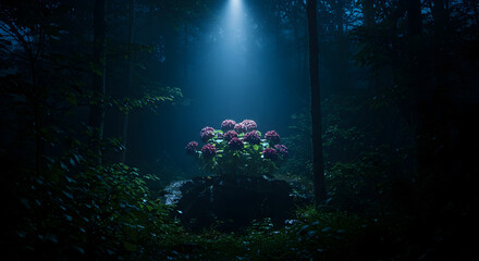 Black Hydrangeas on a forested mountain, with dramatic spotlighting from above Deep and mysterious