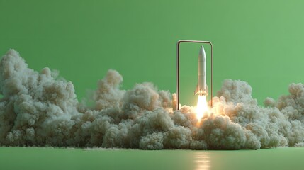 Rocket takes off with clouds from a smartphone on a blue background, a creative idea. Faster mobile device. Strap growth. Online business development,