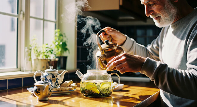 Smiling senior man enjoying a peaceful morning routine, pouring hot water to brew fresh herbal tea in a beautiful sunlit kitchen - Powered by Adobe