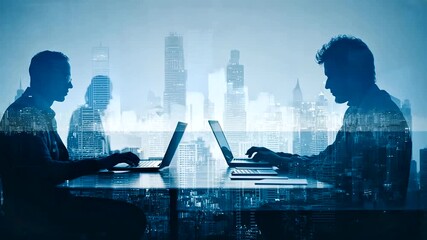 Two Business Professionals Working on Laptops in a Modern Cityscape - Powered by Adobe