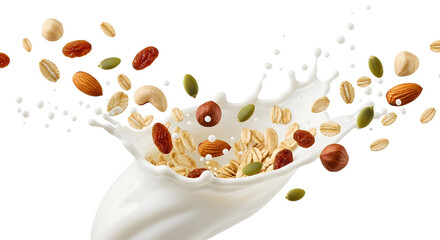 A vibrant, dynamic splash of fresh milk, wholesome oats, crunchy nuts, and nutritious seeds creating an energetic breakfast concept, perfect for a healthy lifestyle and balanced diet