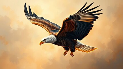 Obraz premium An oil painting of an eagle in majestic flight, rendered in warm autumn colors with gentle, soft light and rich textures.