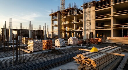 Construction site progress with concrete structures and stacked building materials under a clear sky, showcasing development and urban growth