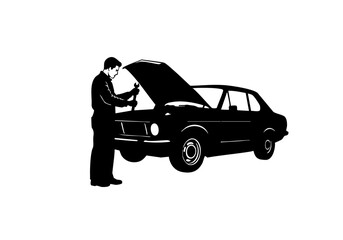 A mechanic inspects an old car.