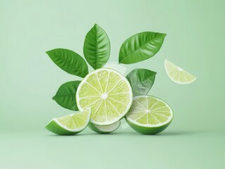 Lime slices, fresh leaves, vibrant green