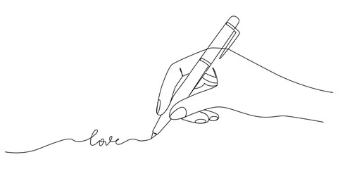Hand Holding a pen writes the word LOVE.Valentine day background with handwriting love icon