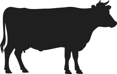 Black silhouette of a standing cow in profile view, farm animal illustration, livestock vector graphic isolated on white background