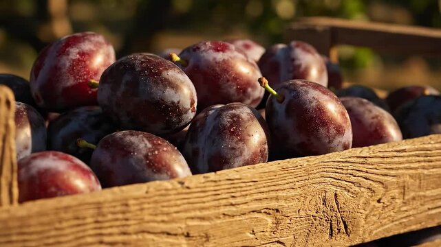 Freshly Harvested Plums in a Wooden Basket Display