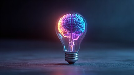 Illuminating Minds: A Glowing Brain Inside a Lightbulb, Symbolizing Ideas and Intelligence