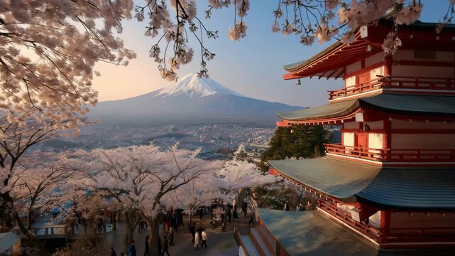 桜越しに望む富士山と五重塔の春景色の眺め