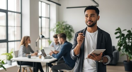 A confident professional holds a tablet while colleagues collaborate in a modern, sunlit office, embodying business success and teamwork