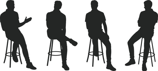 Black silhouette of four men sitting on stools in casual poses, vector illustration of male figures isolated on white