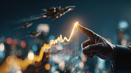 Hand Pointing To Rising Graph Over Night Cityscape