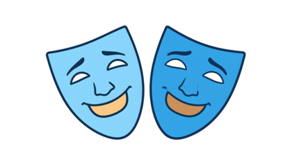 Two blue theater masks showing happy and sad emotions.