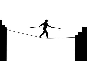 Fototapeta premium Silhouette of a man carefully balancing on a tightrope, a symbol of risk-taking and courage.