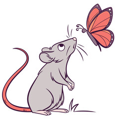 A curious cartoon gray mouse standing on grass looking up at a bright orange butterfly flying nearby