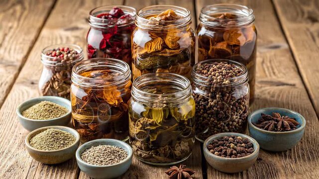 Glass jars with spices and herbs on a wooden table