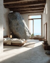 A serene bedroom, nestled within a sunlit space, boasts a large rock feature and minimalist wooden furniture, bathed in soft natural light.